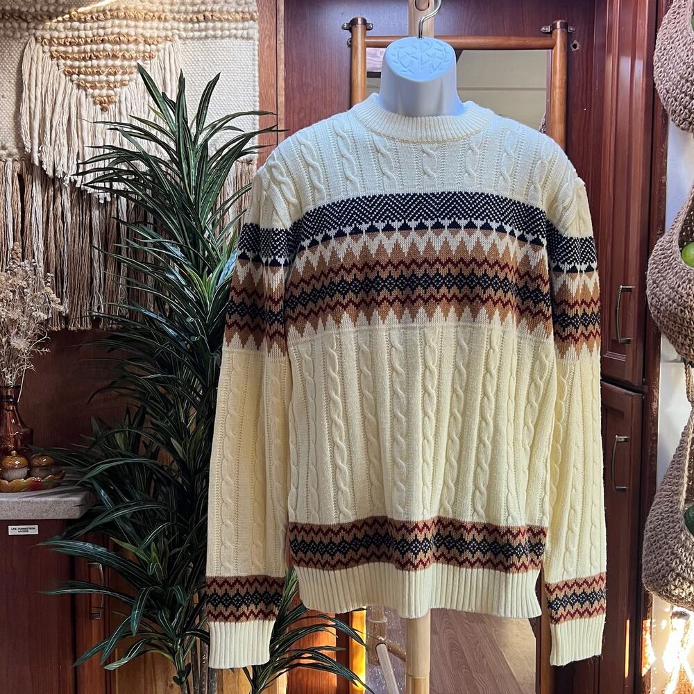 Vintage 90s Fair Isle Cable Knit Sweater Cream XL Tall Grandpa Core Pullover
